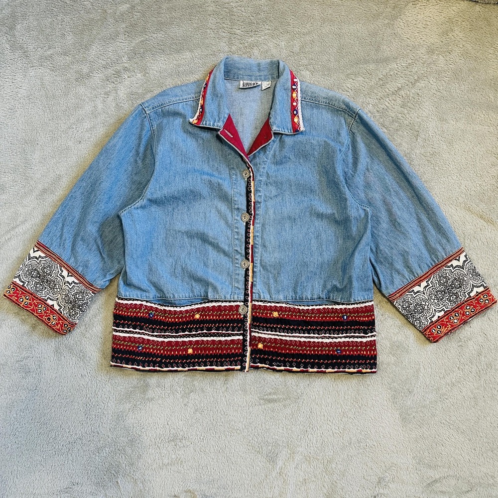 VTG Chico's Design Denim Embroidered Boho Mirrorwork Tribal Jacket Size 2 Large